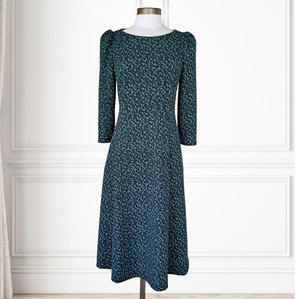 CALVIN KLEIN Green Printed A-line Midi Dress Size 12 Puff 3/4 Sleeves